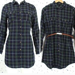 Plaid Button Up Shirt Dress with Belt Navy Green
